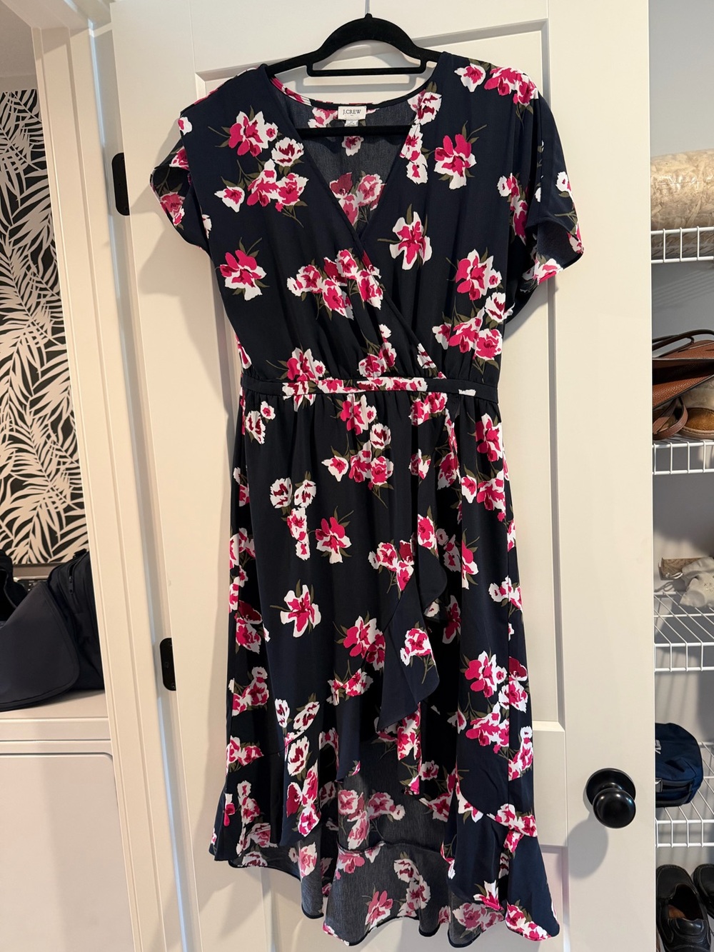 J. Crew Navy Floral Wrap Dress with Pink and White Blooms
